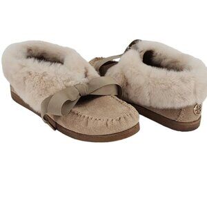 tory burch aberdeen fur lined suede moccasin slipper beige size 10